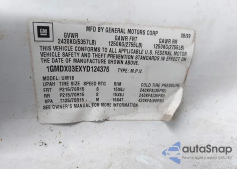 2000 Pontiac Montana M16 из США, поврежденный, VIN 1GMDX03EXYD124376